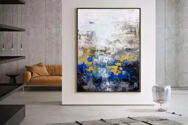 A luxurious abstract painting with deep blue tones and gold accents, perfect for modern interiors.