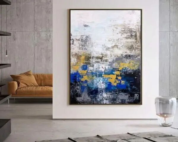A luxurious abstract painting with deep blue tones and gold accents, perfect for modern interiors.